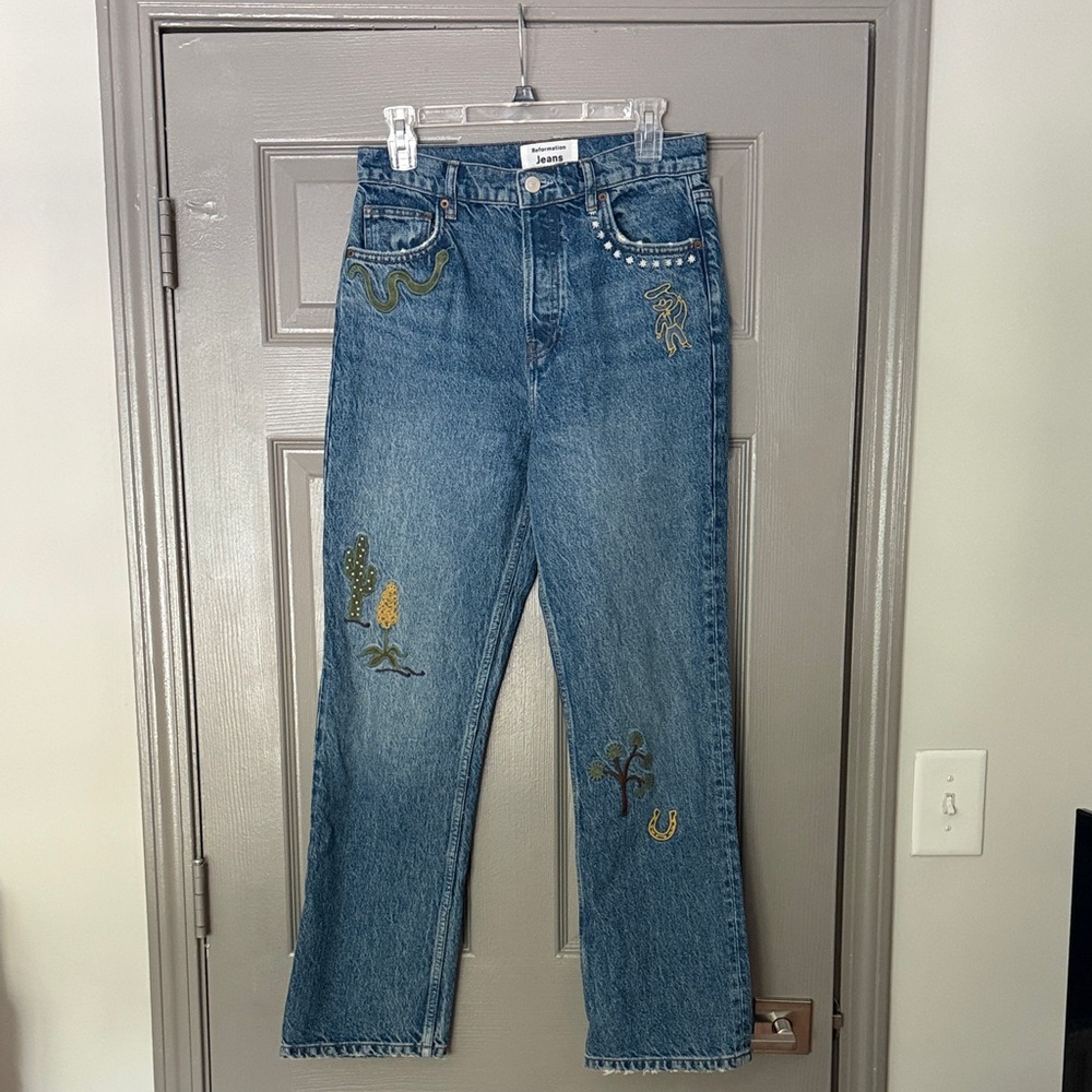 Reformation Denim Straight Leg Jeans with Colorful Embroidery